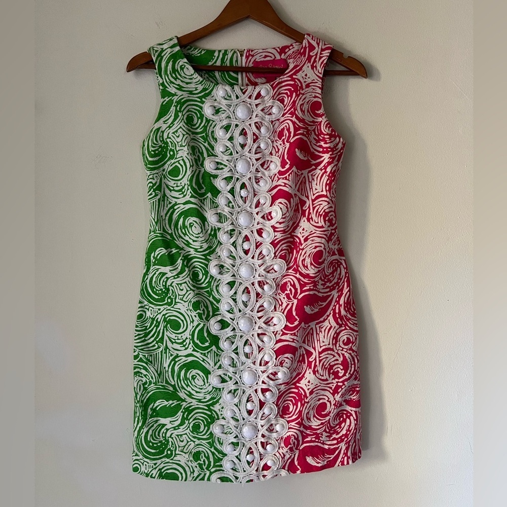 Lilly Pulitzer Jubilee Flam Alama Shift Dress 2 Daiquiri Pink/Green Pocket Bead